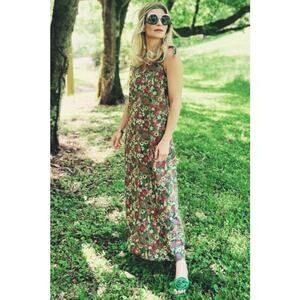 BURU Shoulder‎ Tie Tank Maxi Dress in Green Floral Garden Pockets Size XS